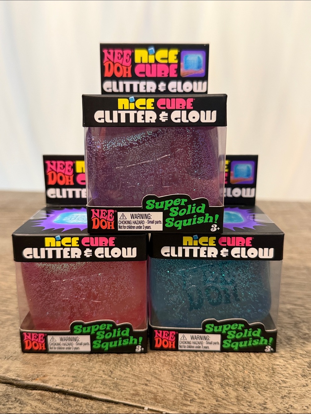 Needoh Nice Cube Glitter & Glow - Purple Pink Blue Squish Toy Schylling Bulk Set